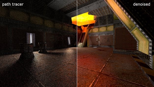 Quake II with ray tracing: raw path-traced output beside the denoised result