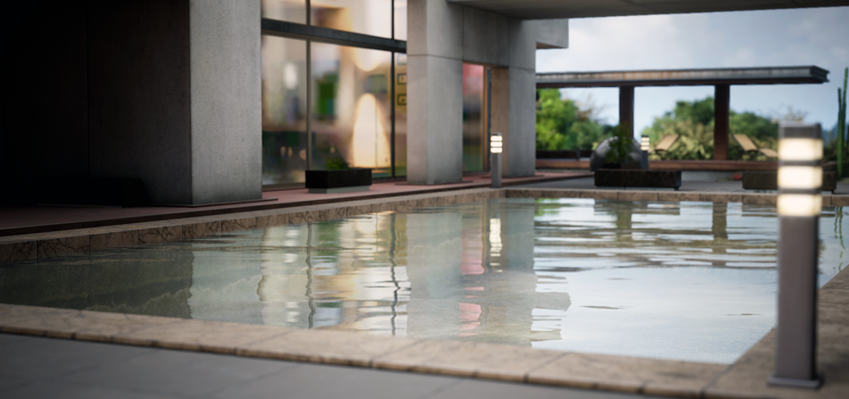 Planar reflections on the floor of an interior scene