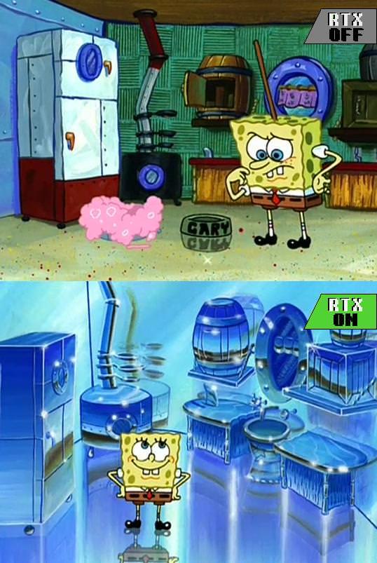 A cartoon scene labelled "RTX off" and "RTX on"