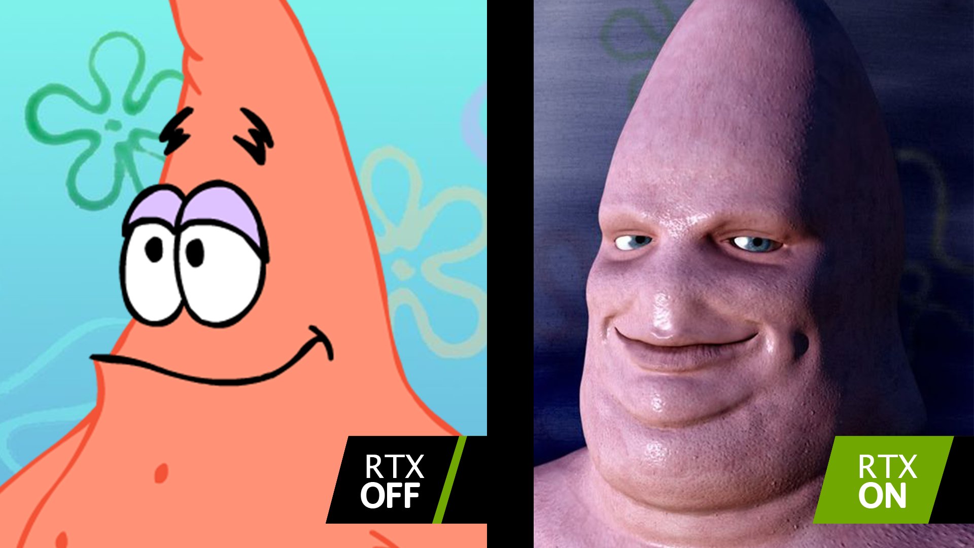 An "RTX off" and "RTX on" meme using two cartoon renderings of the same character