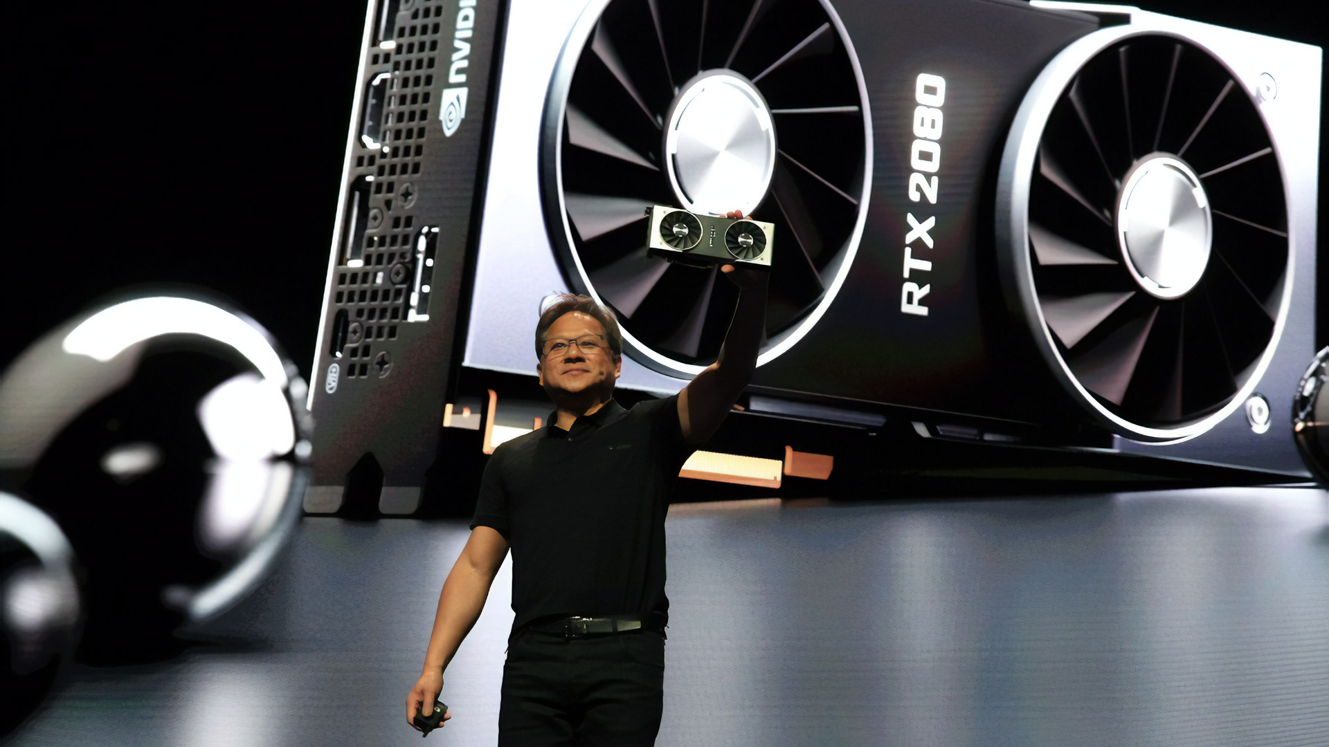 Jensen Huang on stage presenting the GeForce RTX 2080