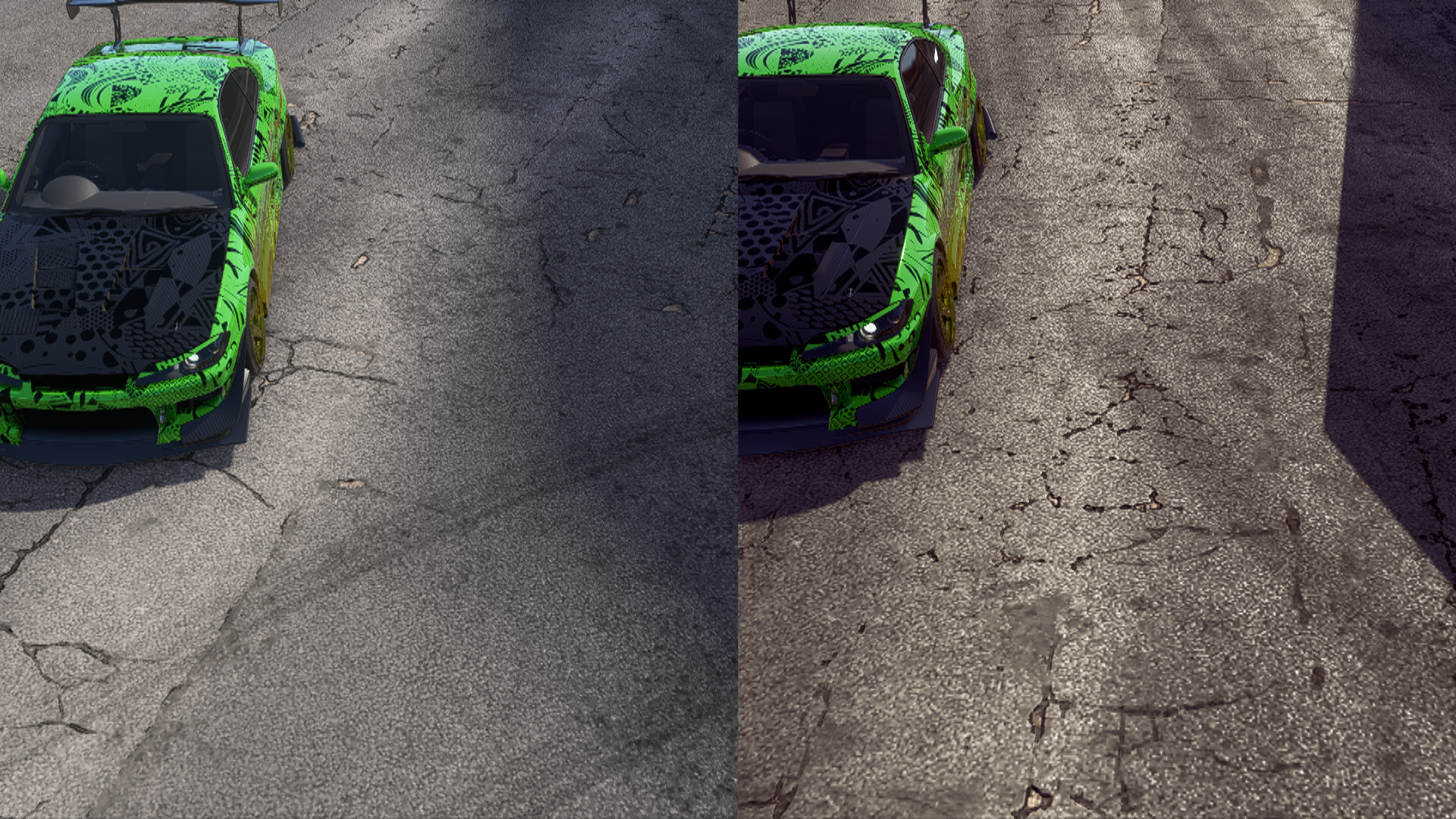 A side-by-side comparison of shadow softness under a car