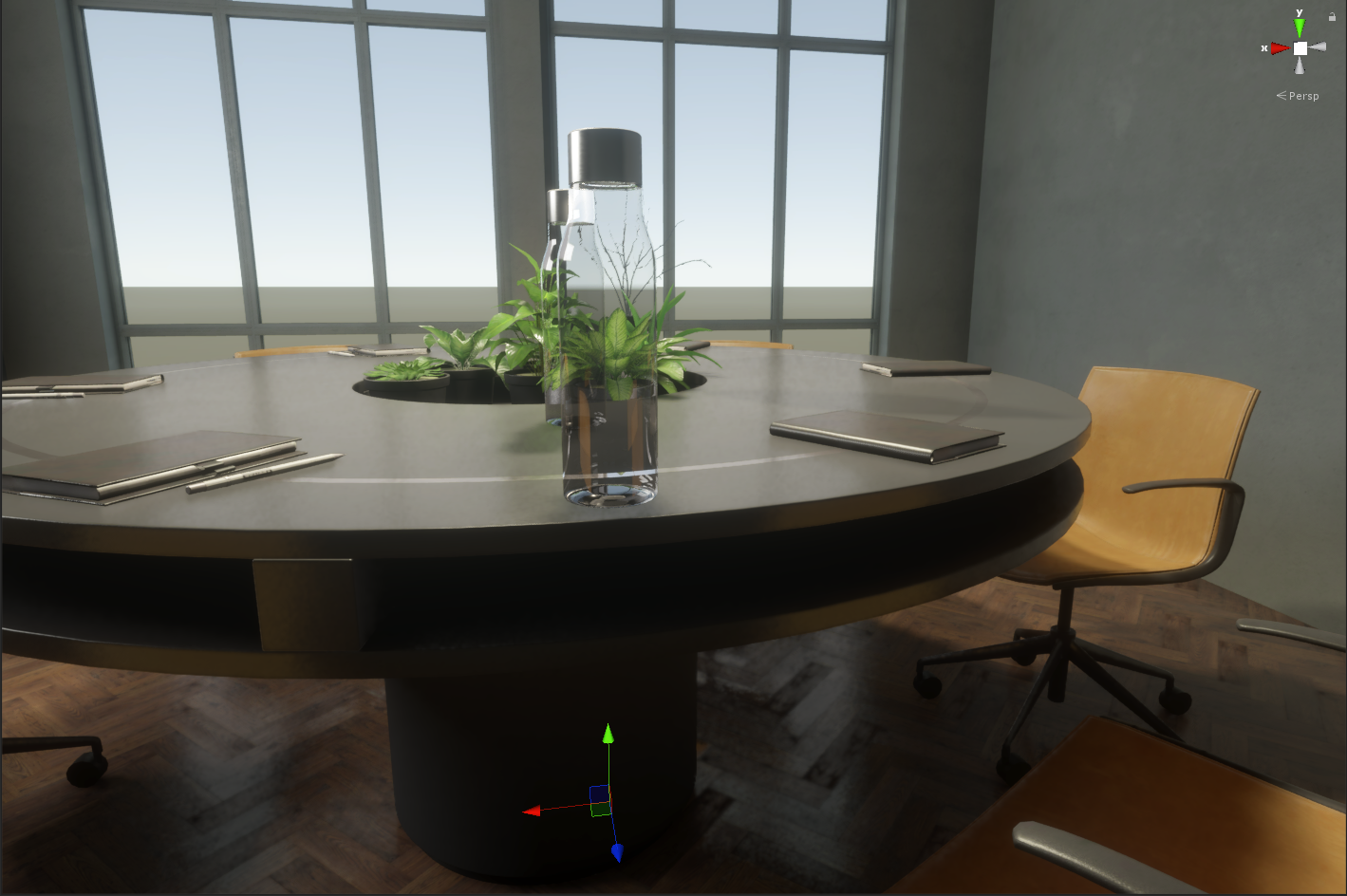 A meeting room rendered with ray-traced primary visibility
