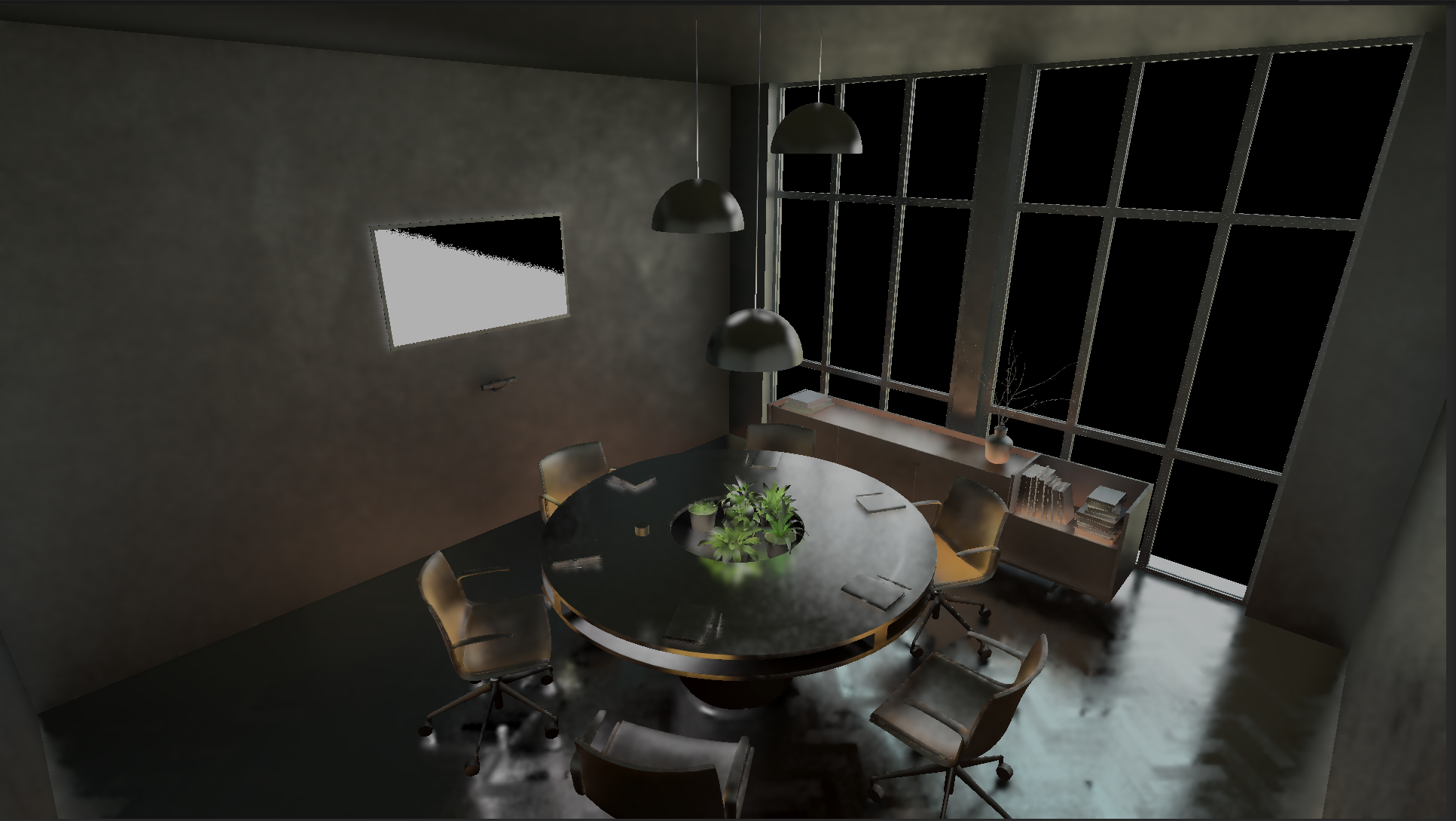 Ray-traced reflections in a dimly lit meeting room