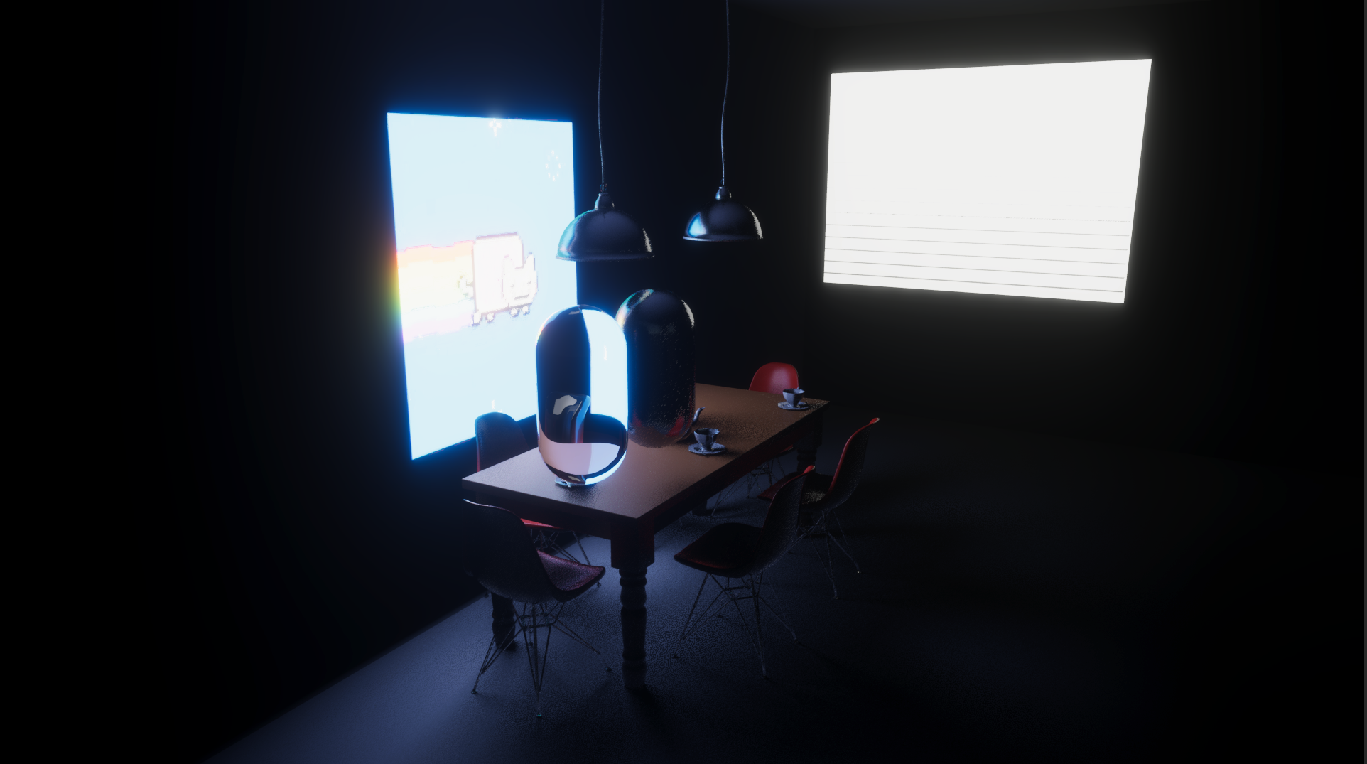 A dark interior lit by two screens, rendered with the hybrid pipeline