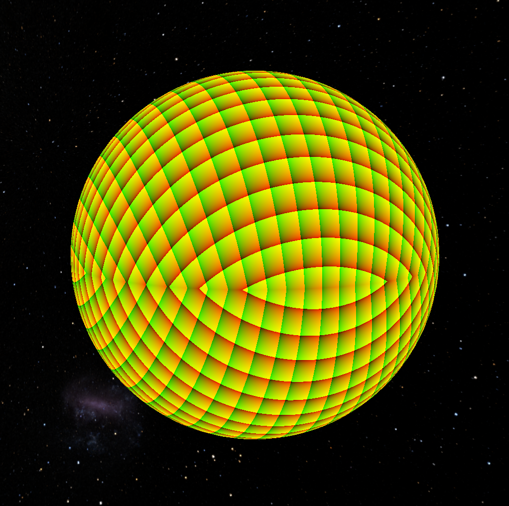 A sphere tiled in a yellow and green checker pattern, with a distinct band of distortion at the equator