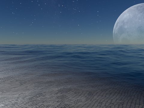 Planet-scale ocean tessellated with concurrent binary trees, with a moon on the horizon