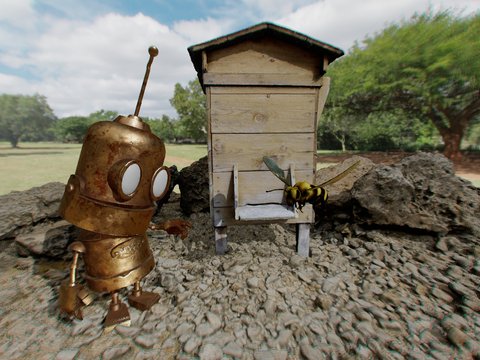Scene rendered with neural block-compressed texture sets: a brass robot next to a beehive