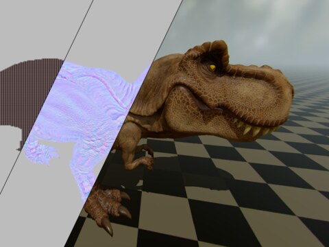 T-Rex shown in three stages: block-compressed texture data, the decoded neural feature map, and the final shaded render